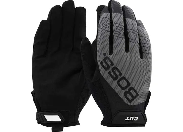 BOSS BLACK/GRAY GLOVES, MICROFIBER PALM W/MESH BACK/TOUCHSCREEN FRIENDLY-A5 CUT/A4 ABRASION